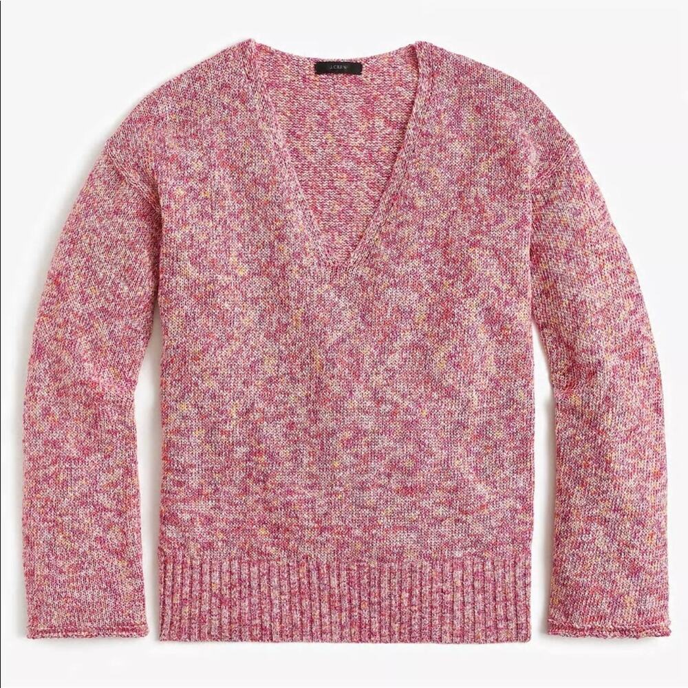 J. Crew‎ Women's Flared Sleeve Marled V-Neck Swing Sweater Pink Size large